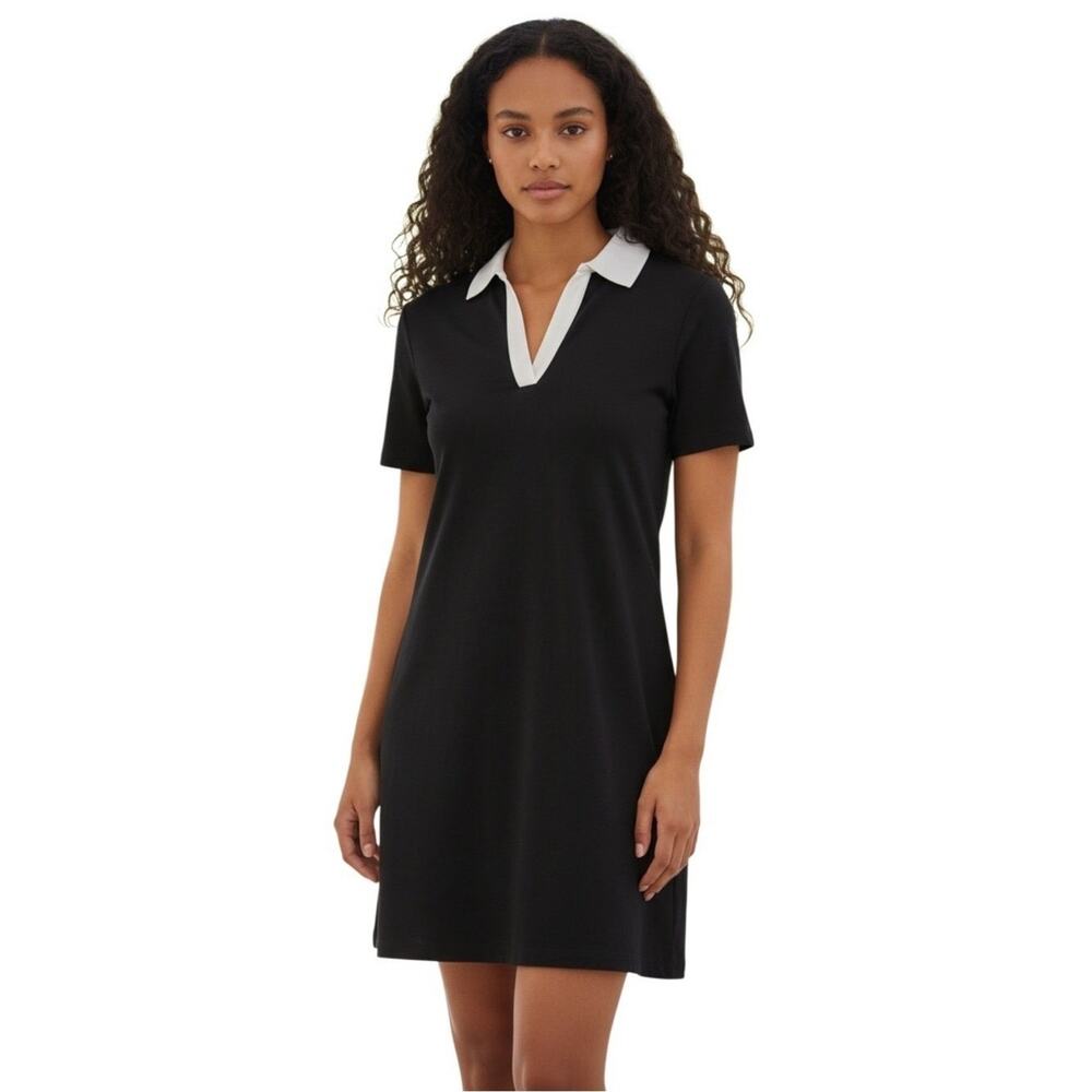 MSK Solid Black w/ White Collar, Mini Pull Over Shirtdress, Shortsleeved - M